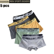 5-pack men's boxers in black, mustard, olive, mint green and light gray with branded elastic waistbands.