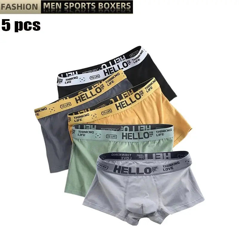 5-pack men's boxers in black, mustard, olive, mint green and light gray with branded elastic waistbands.