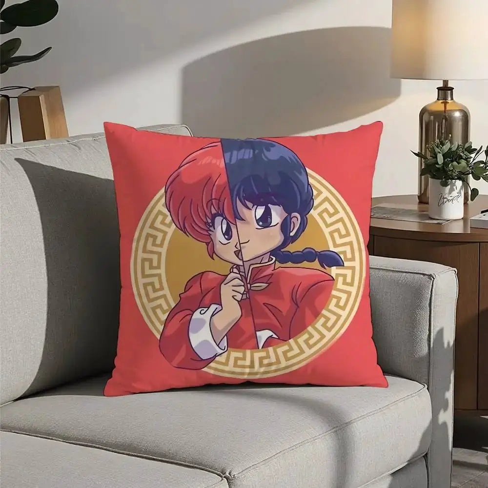 P Chan Ranma cartoon pillow cover, red background with gold motif, double-sided print, Simples Market short plush