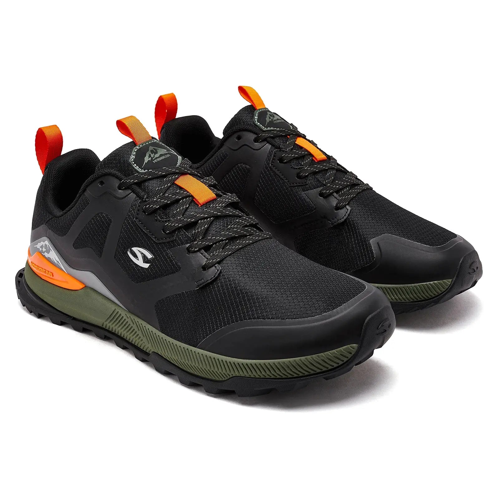 HOBIBEAR hiking shoes pair, black artificial leather upper with orange pull tabs, rugged non-slip outsole