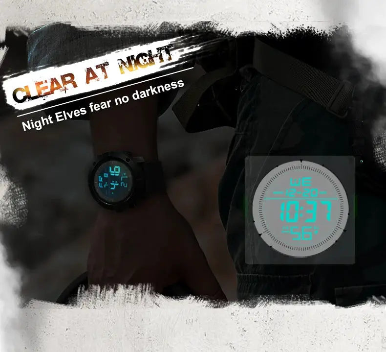 North Edge men's digital watch with black strap and blue backlit display.