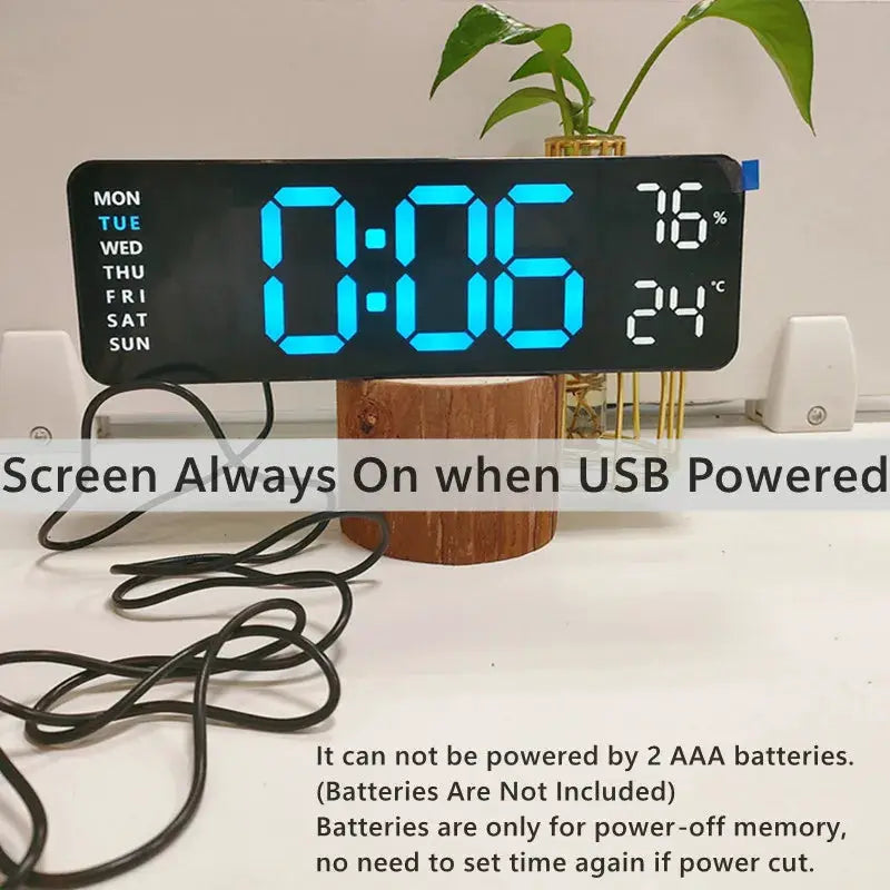 9-inch USB-powered digital wall clock with large blue LED digits showing time, day, humidity and temp.