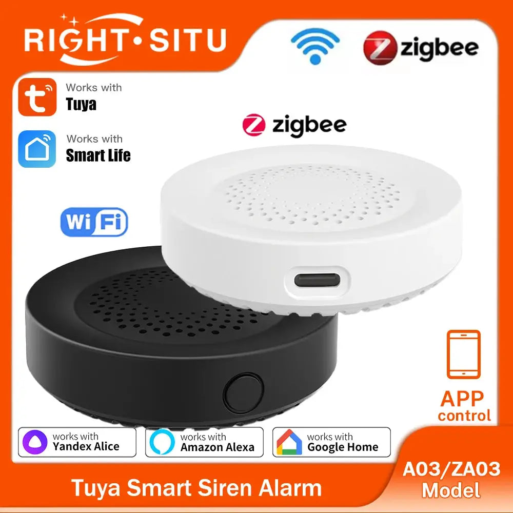 Tuya Zigbee WiFi smart siren alarm; white and black round speakers, two units shown