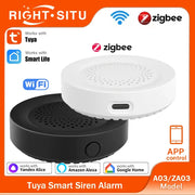 Tuya Zigbee WiFi smart siren alarm; white and black round speakers, two units shown