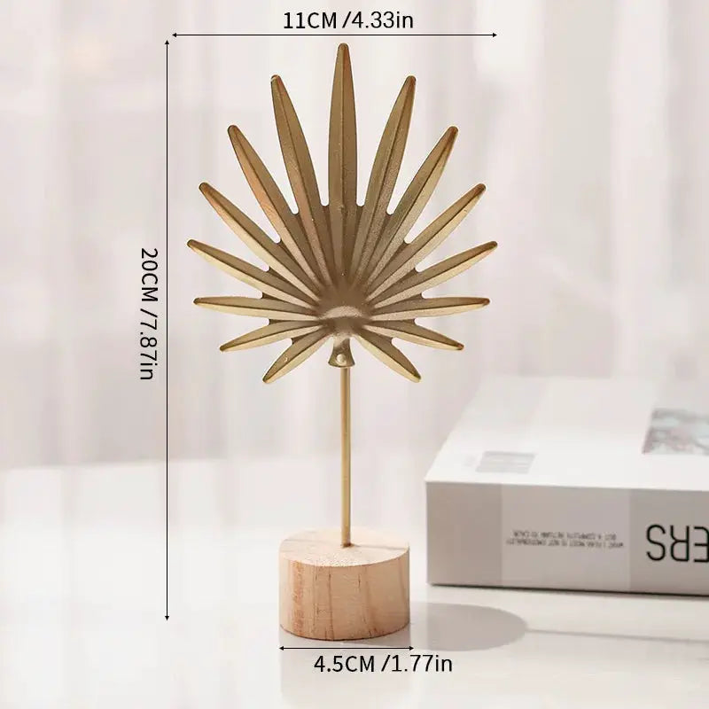 Nordic style iron ginkgo leaf ornament on a wooden base, gold metal decor, 20cm tall and 11cm wide
