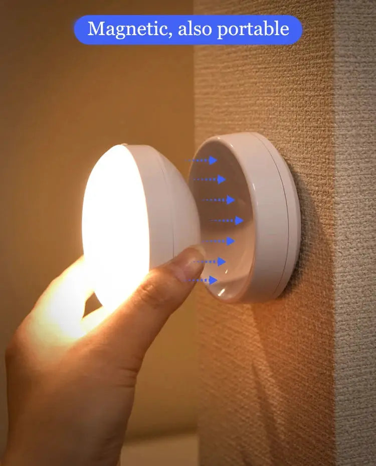 Night light USB motion-sensor round LED lamp, Simples Market magnetic wall-mount, portable for bedroom/corridor.