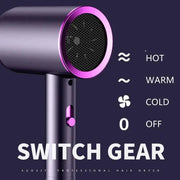 Simples Market SWITCH GEAR hair dryer in metallic purple; high-speed, ultra-silent, negative-ion with hot/cold settings