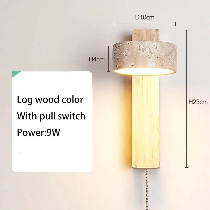 Bedside wall lamp in log wood color with pull switch and warm 9W LED.