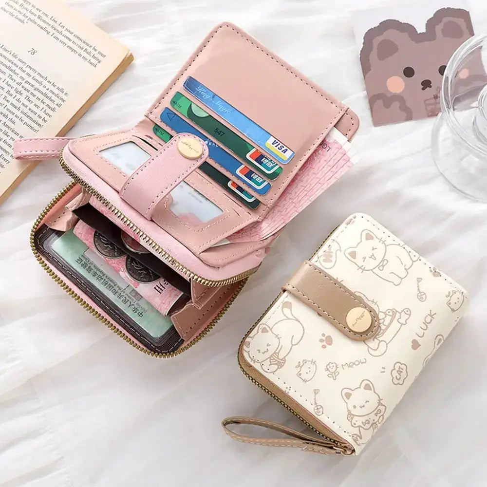 Simples Market cute cat coin purse and wallet pink PU leather with card slots and cream cat print zip wallet