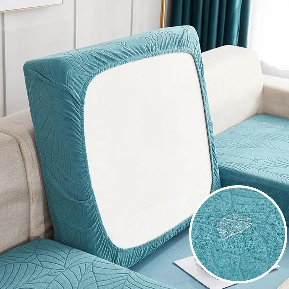 Waterproof stretch sofa cushion cover in teal jacquard fabric by Simples Market for chaise lounge