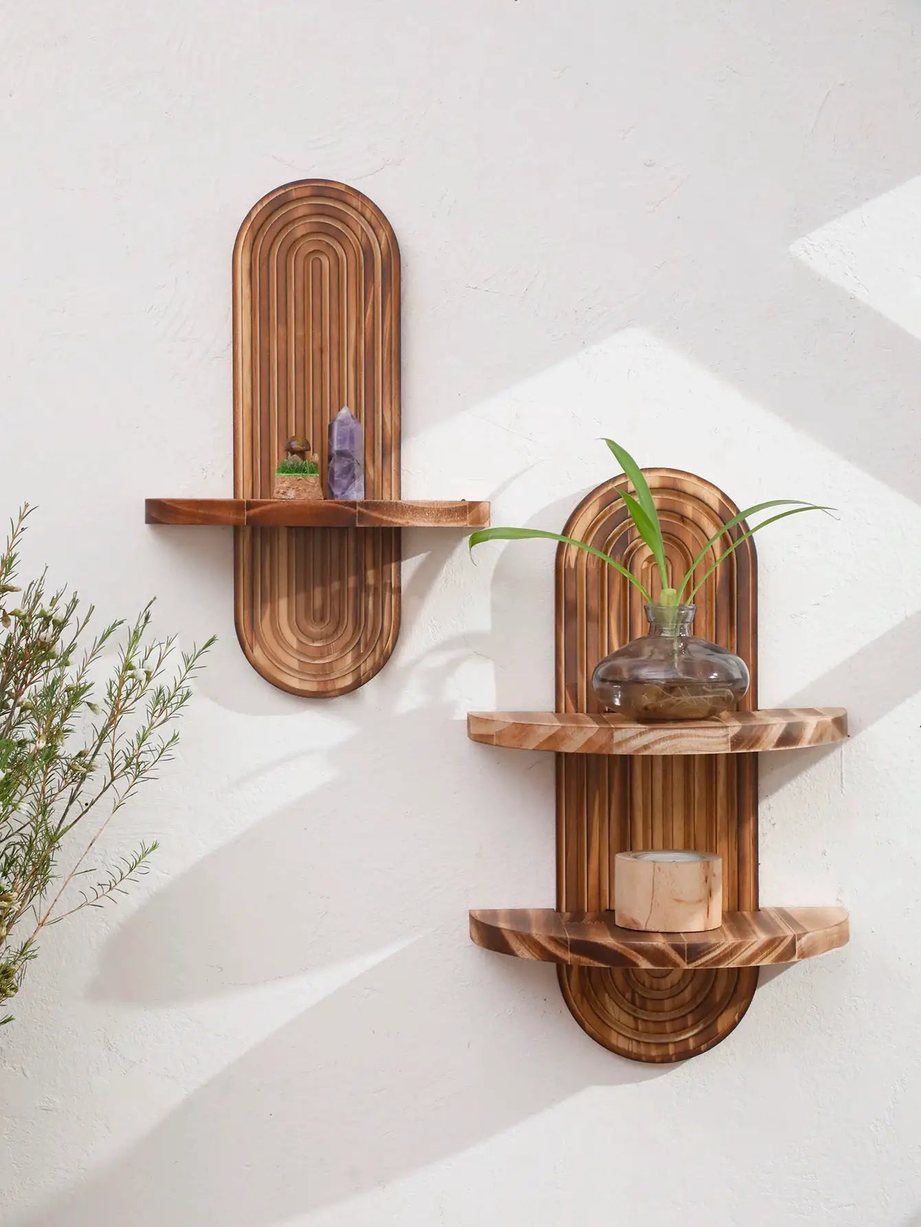 Simples Market two-piece boho wooden wall shelf set with arched designs and natural finish