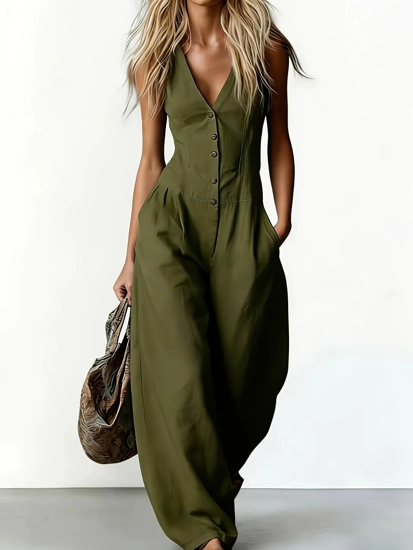 Jumpsuit olive green sleeveless V-neck with button front and pockets, loose fit
