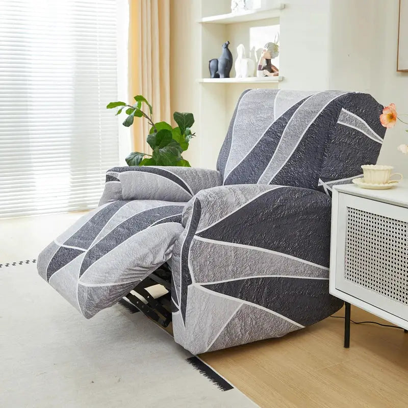 Stretch gray recliner chair cover with geometric white lines for 1-3 seat recliners