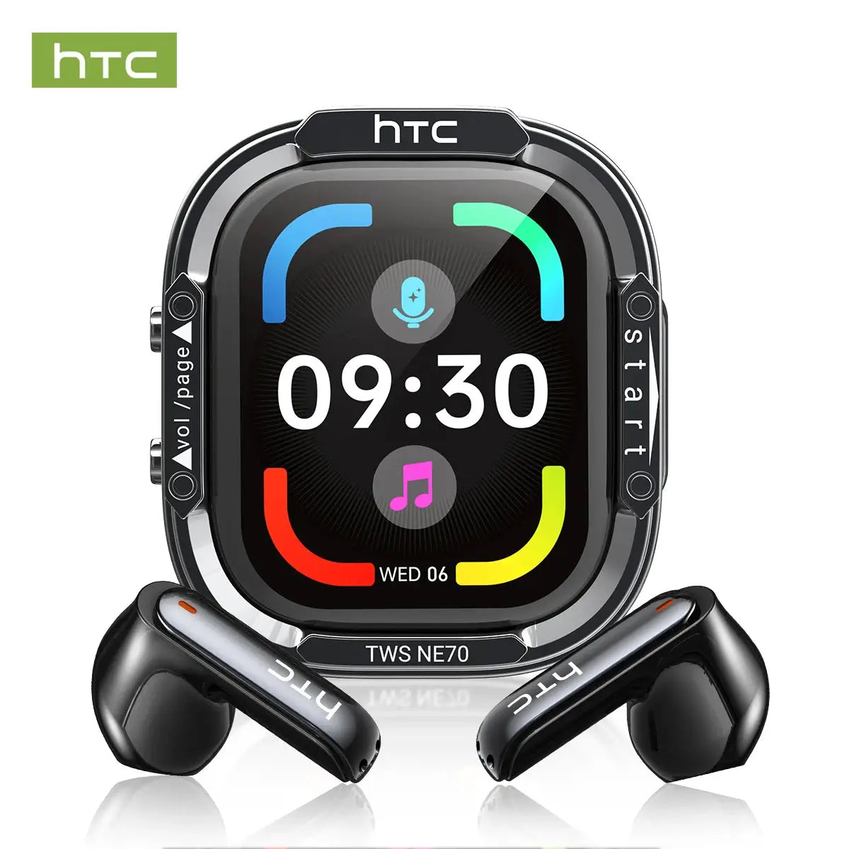 HTC NE70 TWS wireless earbuds shown with smartwatch display; two black earphones visible