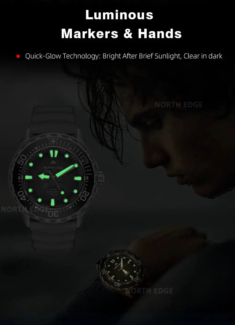 North Edge Triton-Ti diving watch; titanium stainless, solar-powered, 300m waterproof, green luminous markers.