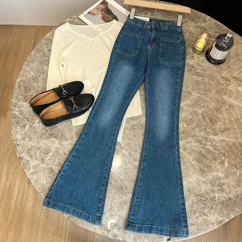 High Waist Loose Jeans Pockets Vintage Washed Denim Flare Trousers