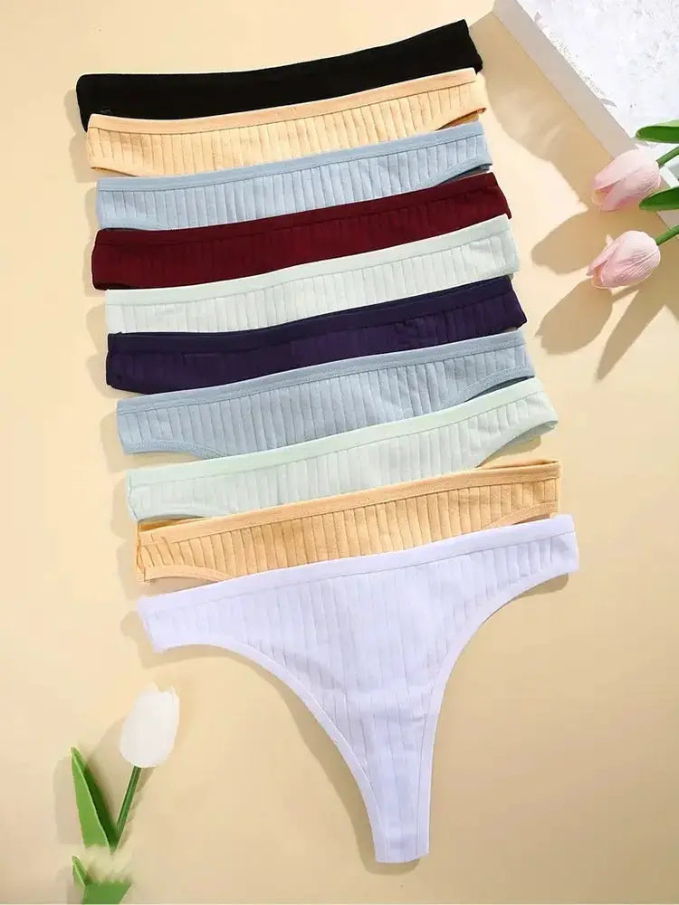 6Pcs ribbed cotton G-string set for women in assorted colors