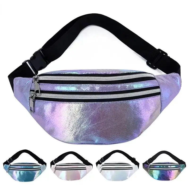 Simples Market holographic fanny pack, iridescent purple waist bag with dual zippers and black strap; four variants.