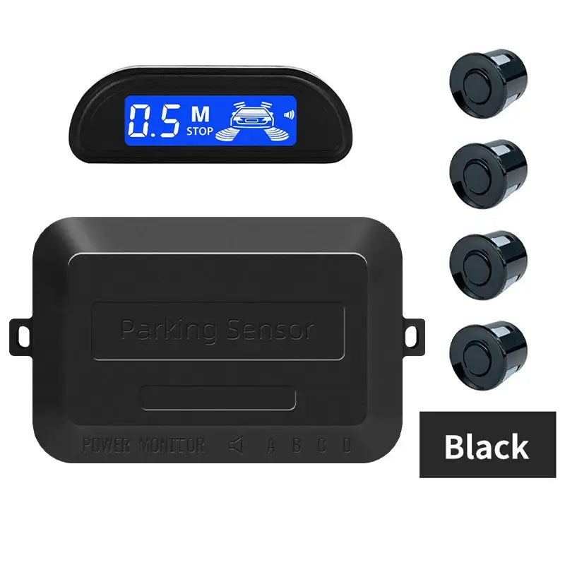 Hippcron car parking sensor kit with four black sensors and blue backlit display