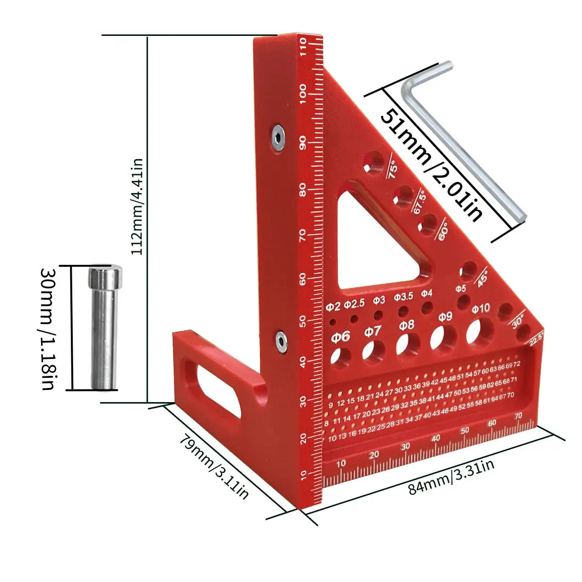 Precision Carpenter Square And Hole Scribing Ruler 22.5 To 75 Degrees Measuring Tool With Angle Pin Plastic