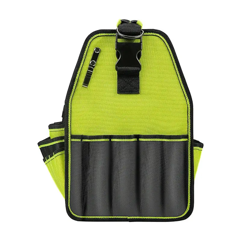 Tool tote with handle by Simples Market, 35 pockets, water-resistant, black and lime green.