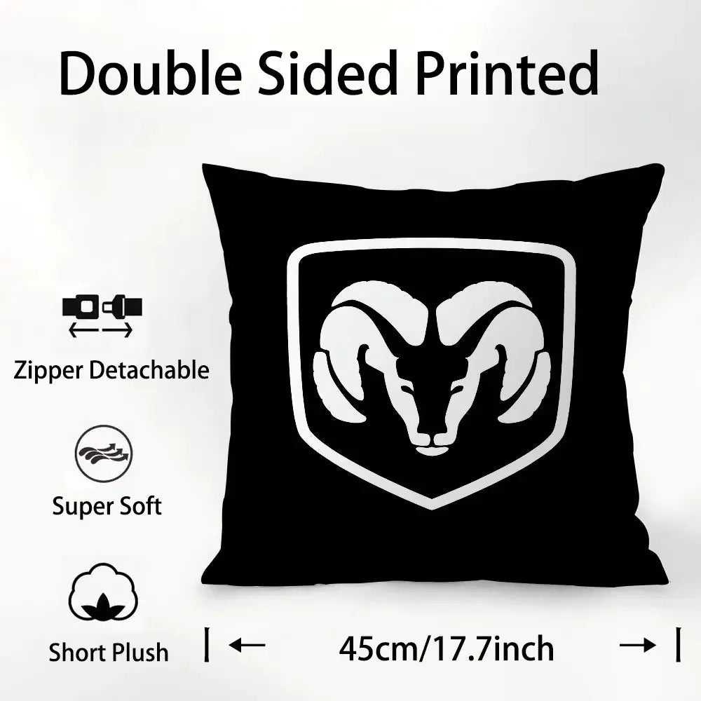 D-Dodges Car Logo Pillow Case by Simples Market, black plush fabric, double-sided print, zipper detachable
