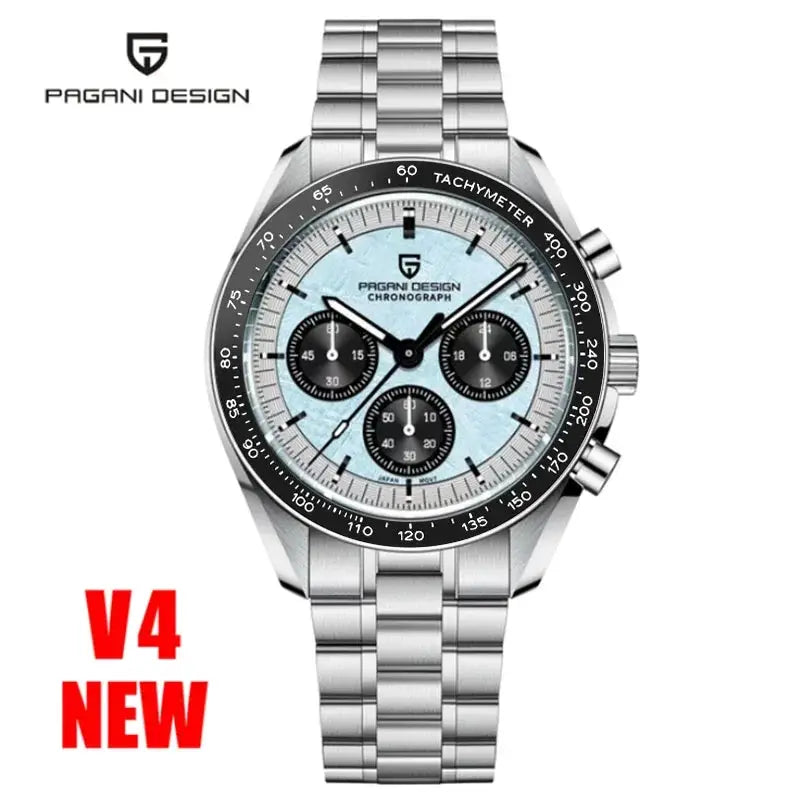 Pagani Design VK63 chronograph men's watch with light blue dial, stainless steel bracelet, tachymeter and ceramic bezel