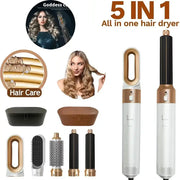 5 in 1 hair dryer brush set by Simples Market; white and gold professional styling tool with multiple attachments