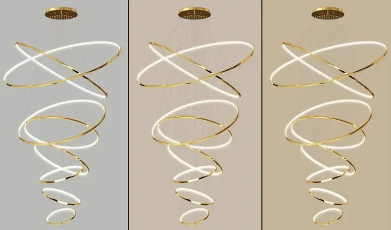 Simples Market modern spiral LED pendant light with gold trim, shown in three color variants.