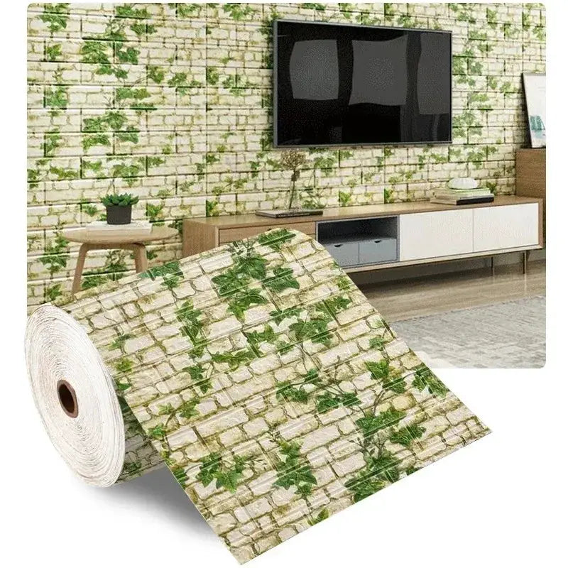 3D self-adhesive wallpaper roll featuring beige brick wall with green ivy pattern for living room decor