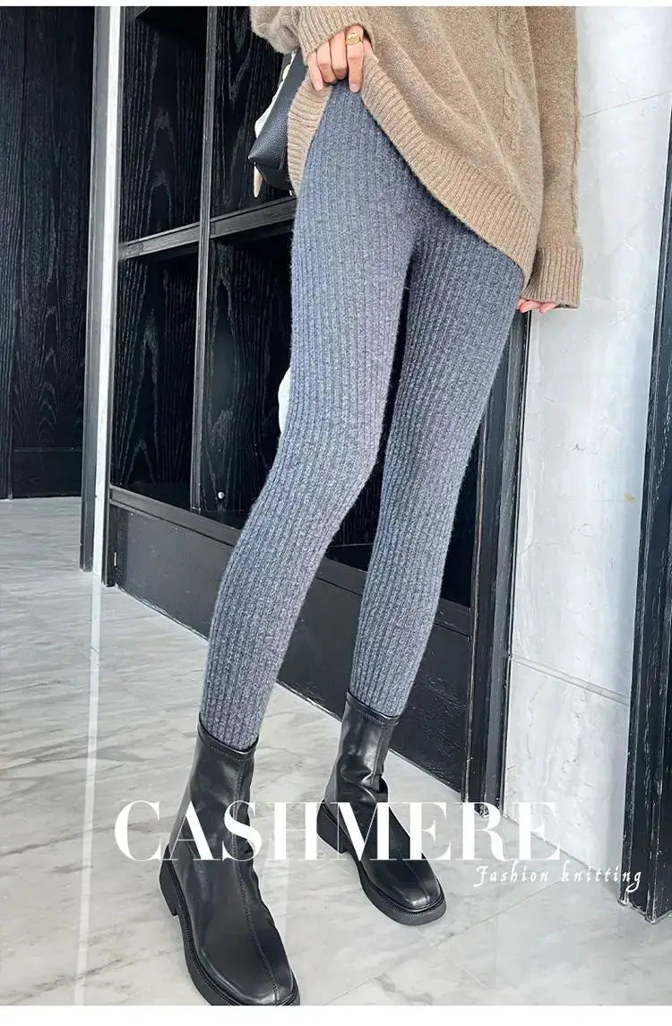 Simples Market slim ribbed knitted grey high-waist thermal ankle-length leggings