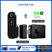 R5 PRO smart rim lock by Simples Market, black outdoor lock with keypad and fingerprint sensor, TTLock compatible