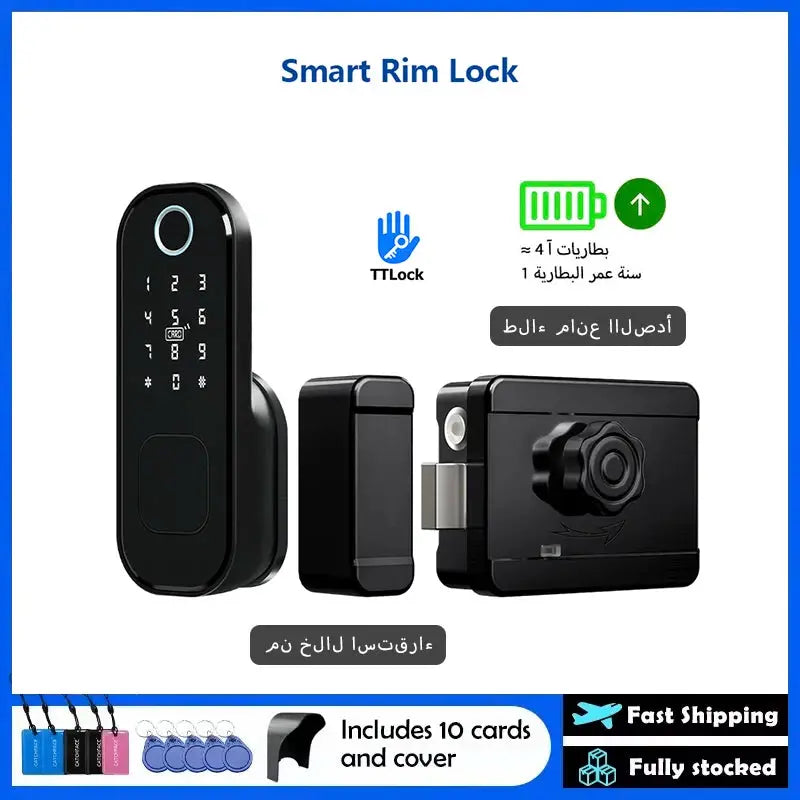R5 PRO smart rim lock by Simples Market, black outdoor lock with keypad and fingerprint sensor, TTLock compatible