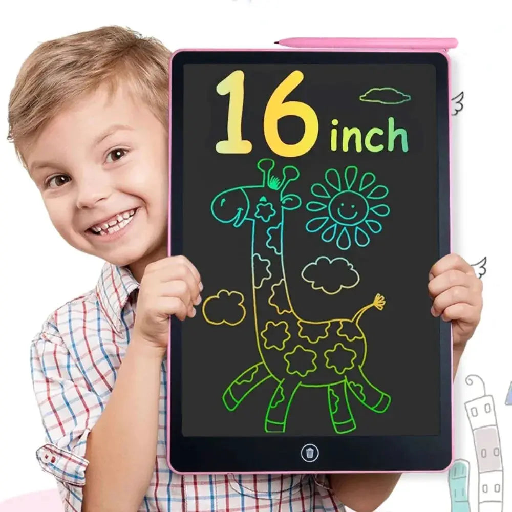 16-inch pink LCD graphic tablet for kids with stylus; colorful giraffe drawing on screen