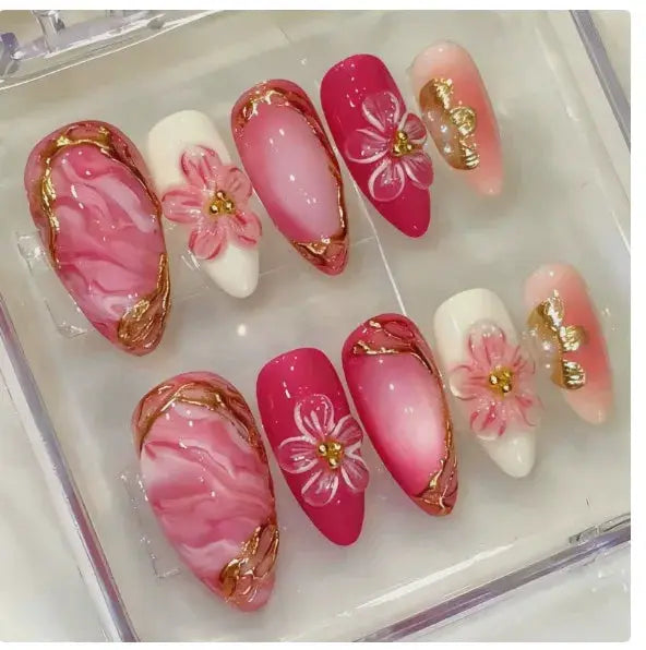 GlamNail Pink Almond Press On Nails Full Coverage Carved Flower 3D Ripple French Tips Golden Pearl Finish