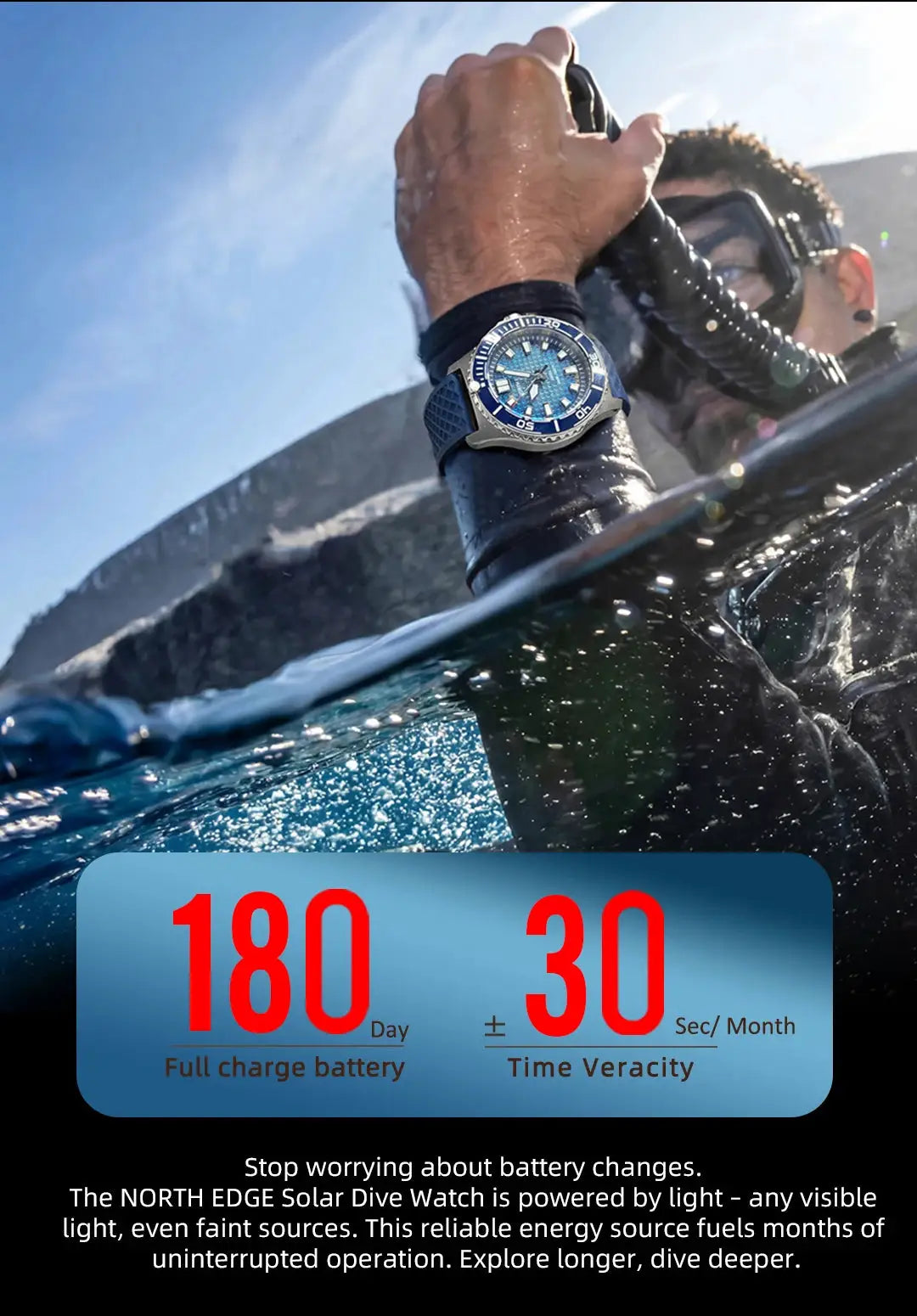 NORTH EDGE ABYSS diving watch, solar-powered, blue dial with 316L steel case and blue strap