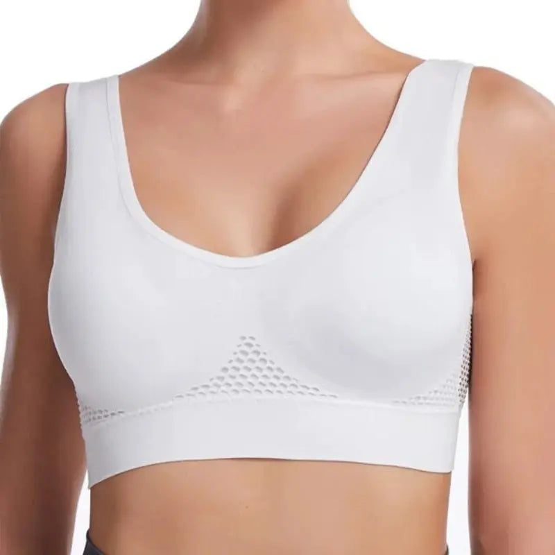 Simples Market white wireless sports bra, plus-size S-7XL, breathable grid mesh panel
