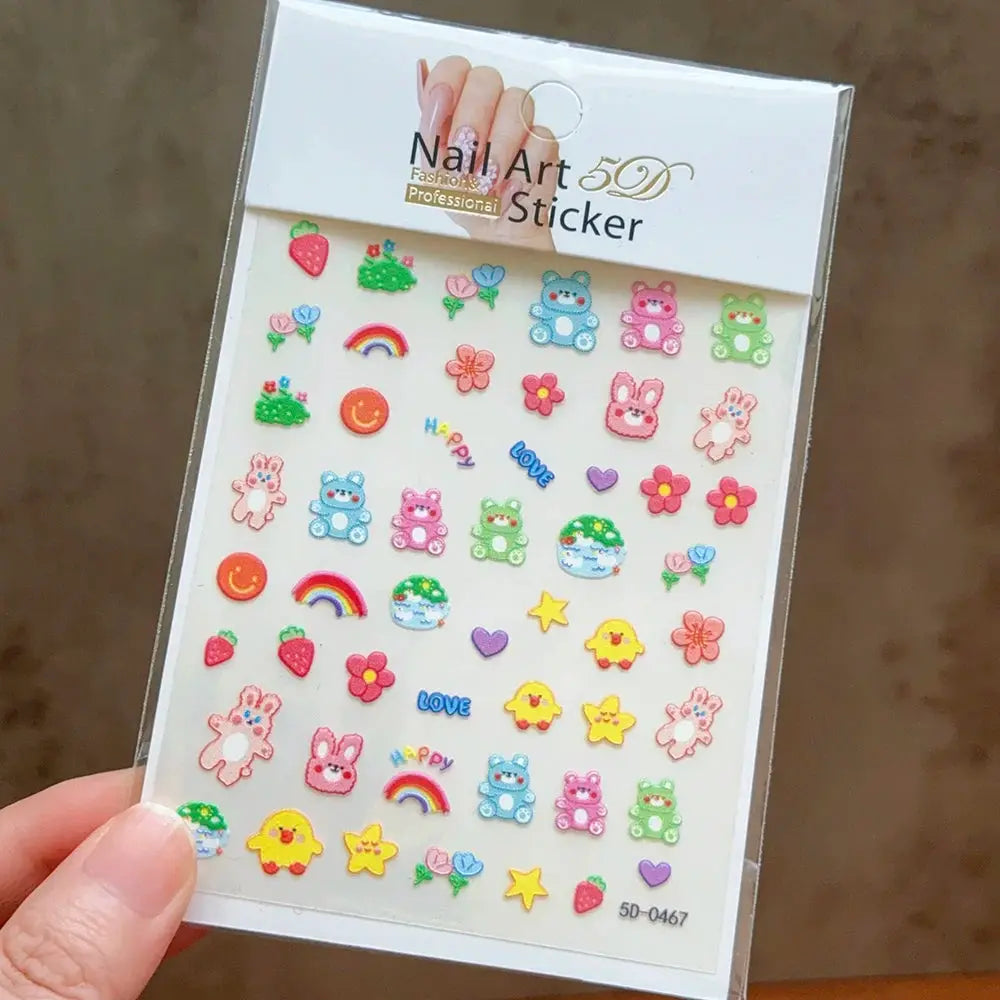 Simples Market 5D nail art sticker sheet with colorful bear, rabbit, flower and rainbow charms
