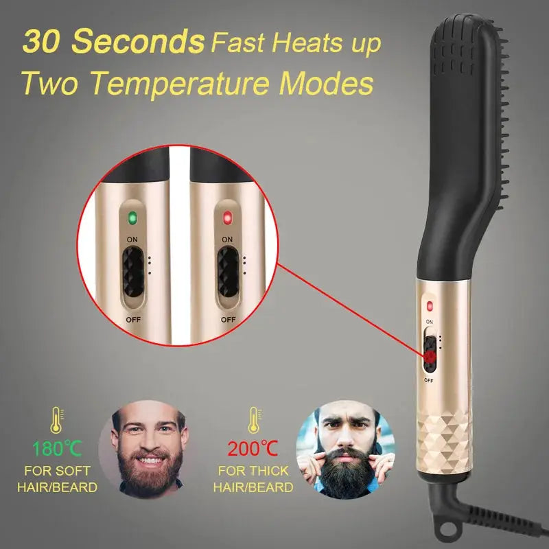Electric hot comb beard straightener by Simples Market in black and gold with dual 180°C/200°C temperature settings