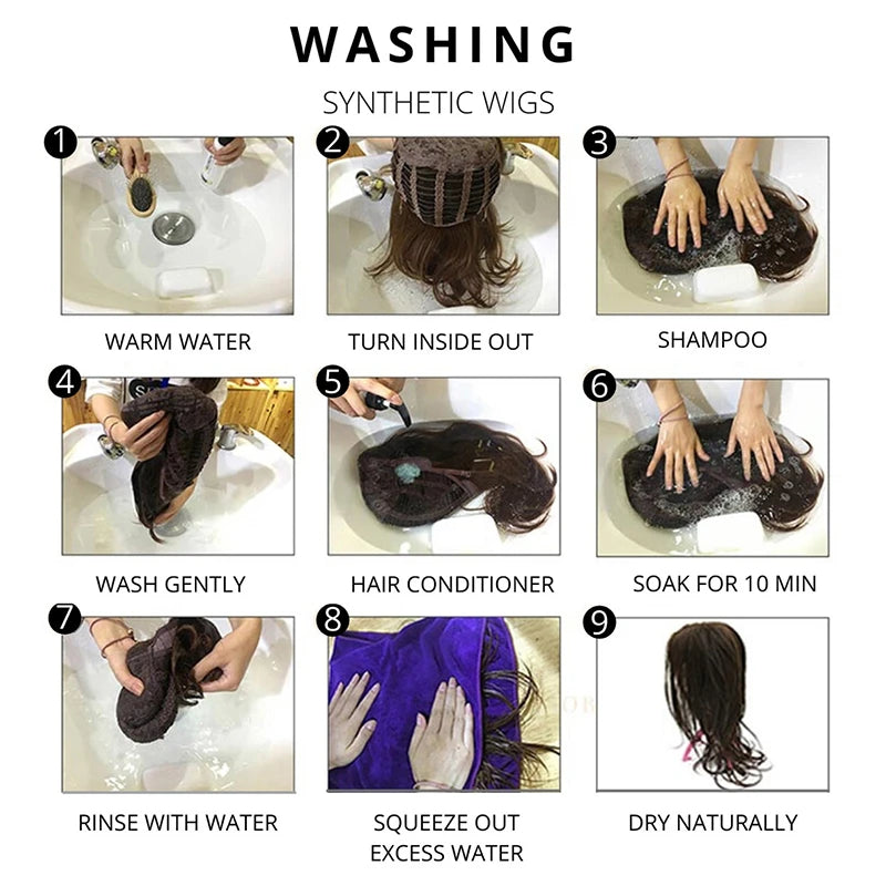 KPOP Women's Purple Cosplay Wig by Simples Market washing guide infographic showing synthetic wig care steps.