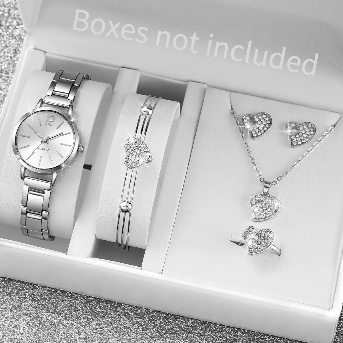 6-piece silver-tone women's quartz watch set with stainless steel band, bracelet, ring, heart necklace, and earrings