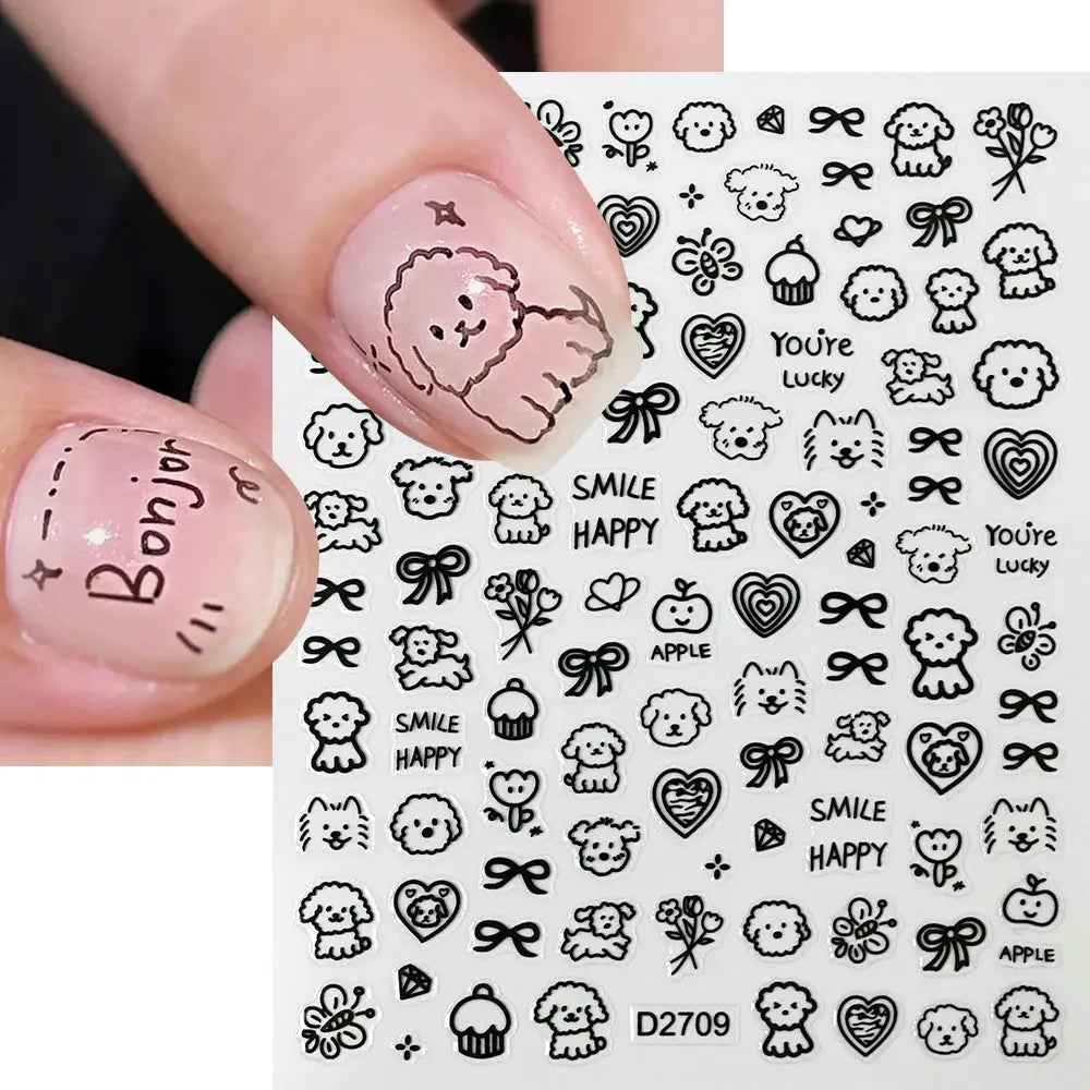 12-sheet black-outline cartoon nail sticker set with cats, puppies, bows and hearts for cute manicures