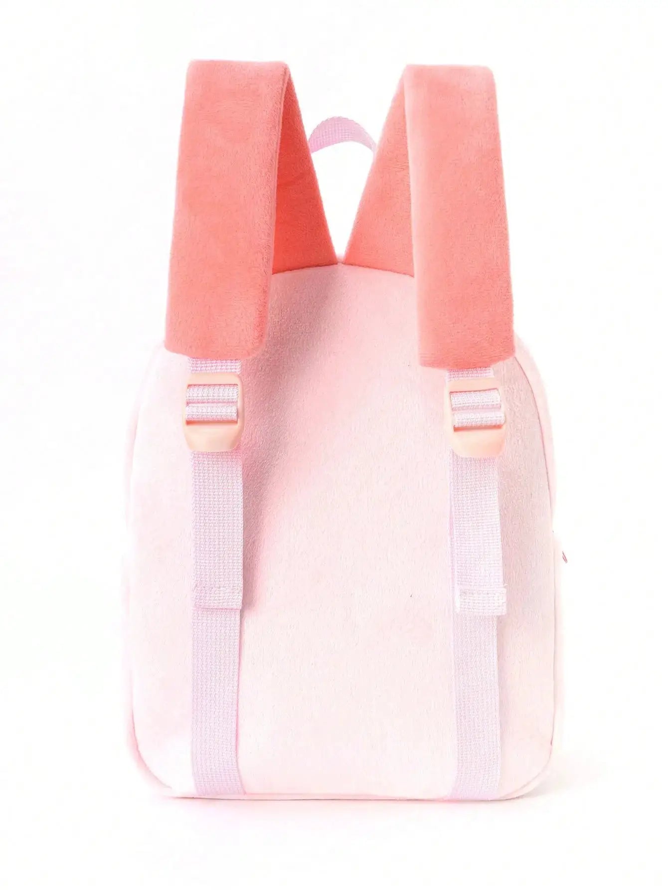 Pink plush kids backpack with two wide padded straps, back view