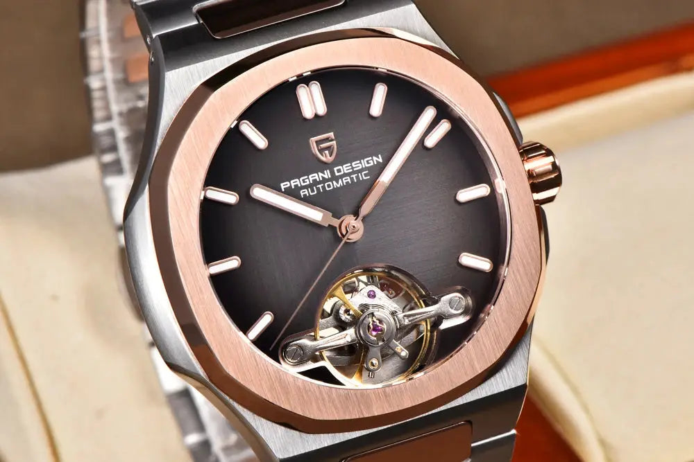 PAGANI DESIGN 2026 men's skeleton automatic watch, stainless steel with rose-gold bezel and black dial