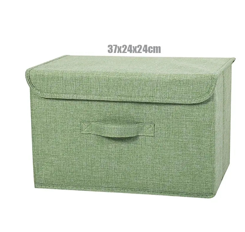 Green washable cotton-linen fabric storage box with lid and front handle, 37x24x24cm