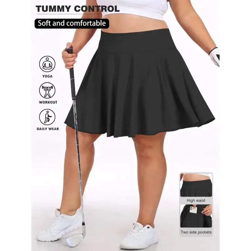 Plus-size women's black high-waist fitness short skirt with two side pockets