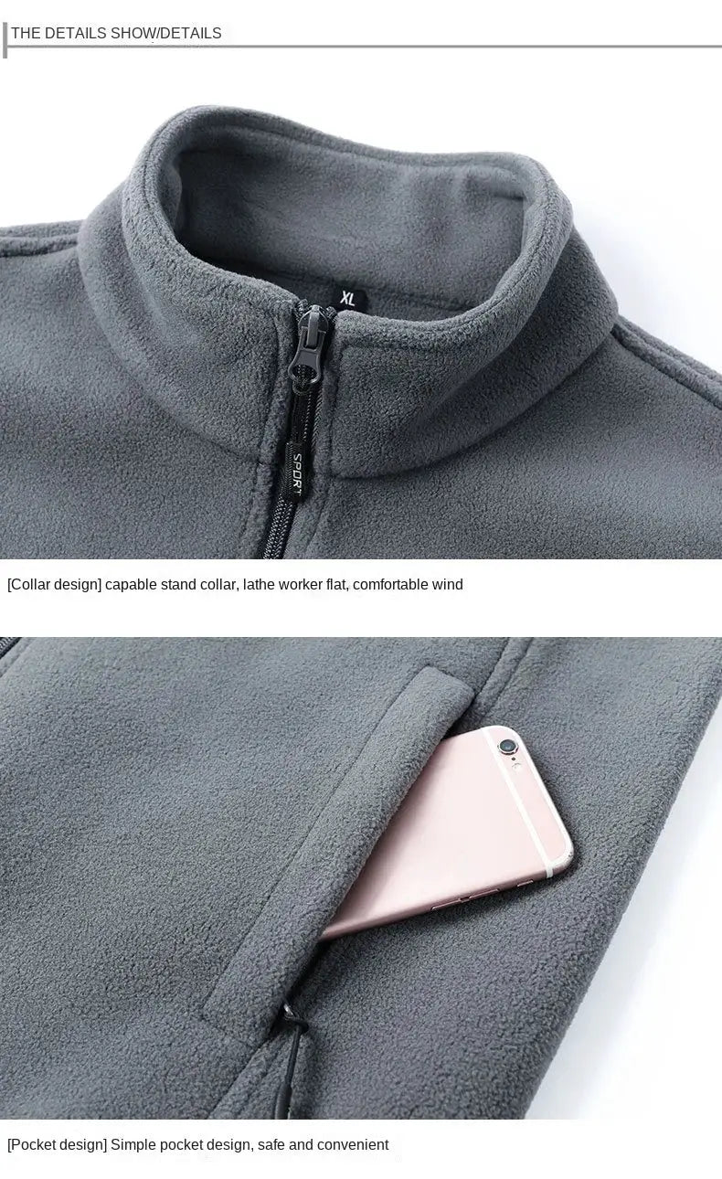 Simples Market men's fleece vest; plus-size warm sleeveless coat in gray, zip front, stand collar, phone pocket.