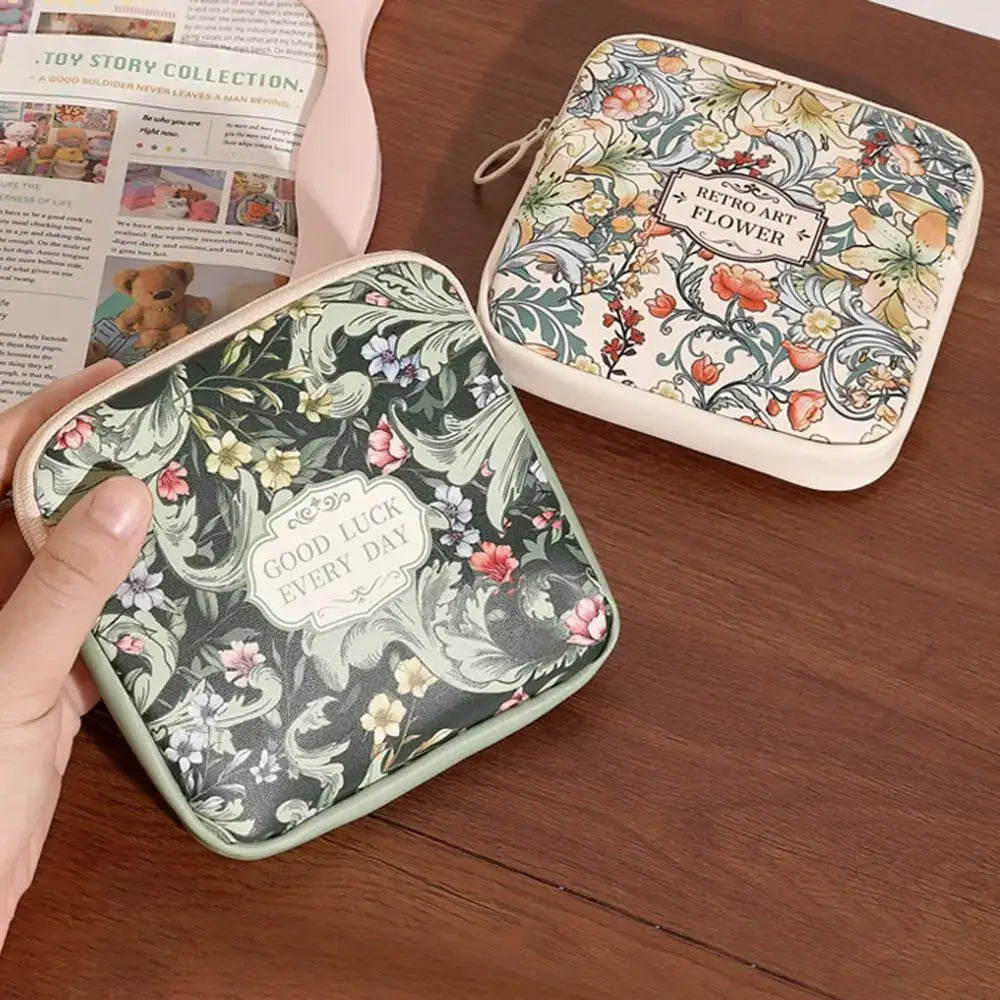 Creative PVC Floral Print Large Capacity Multipurpose Storage Bag For Sanitary Pads Coins And Cosmetics