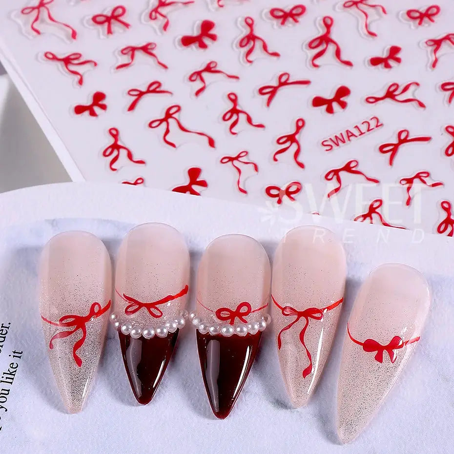 Nail stickers bowknot ribbon designs by Simples Market, red bows, 4/8pcs, self-adhesive decals