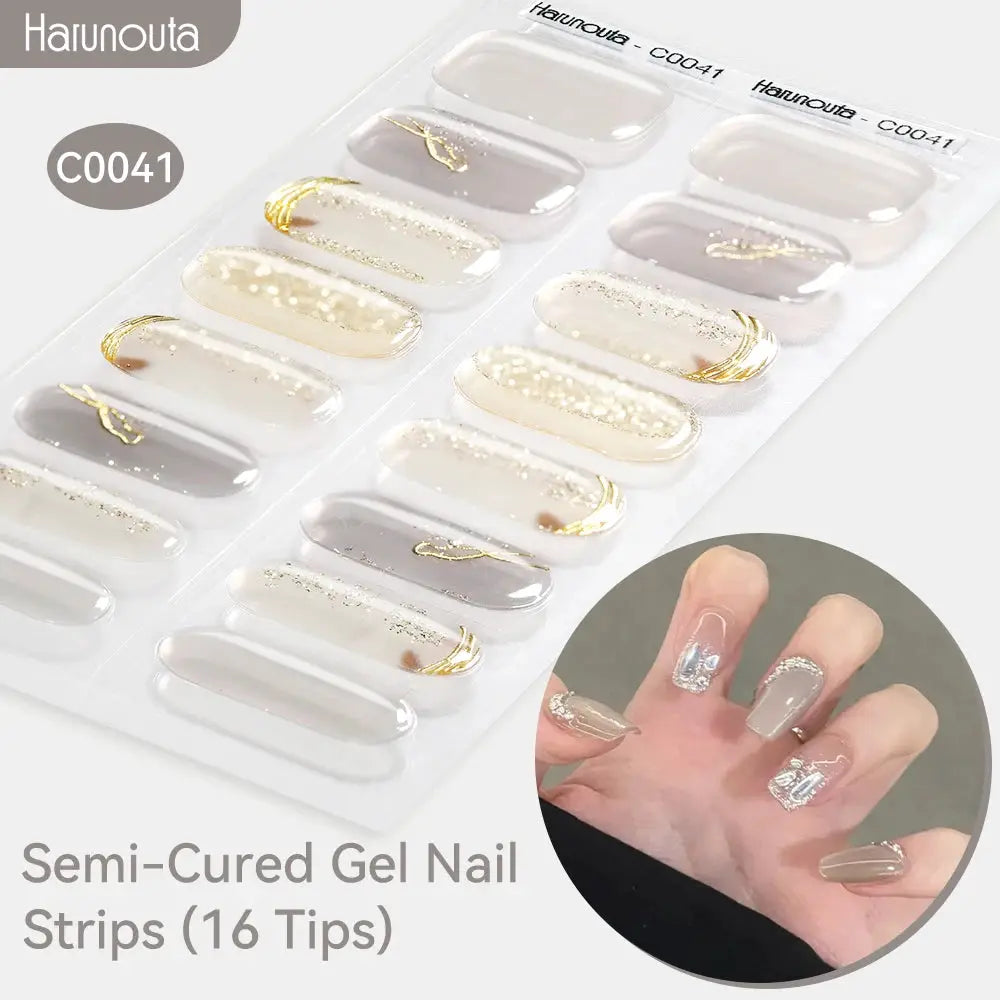 Semi-Cured Gel Nail Strips Gradient Auroras, 16 tips with sparkly gold accents for UV/LED lamps, Harunouta